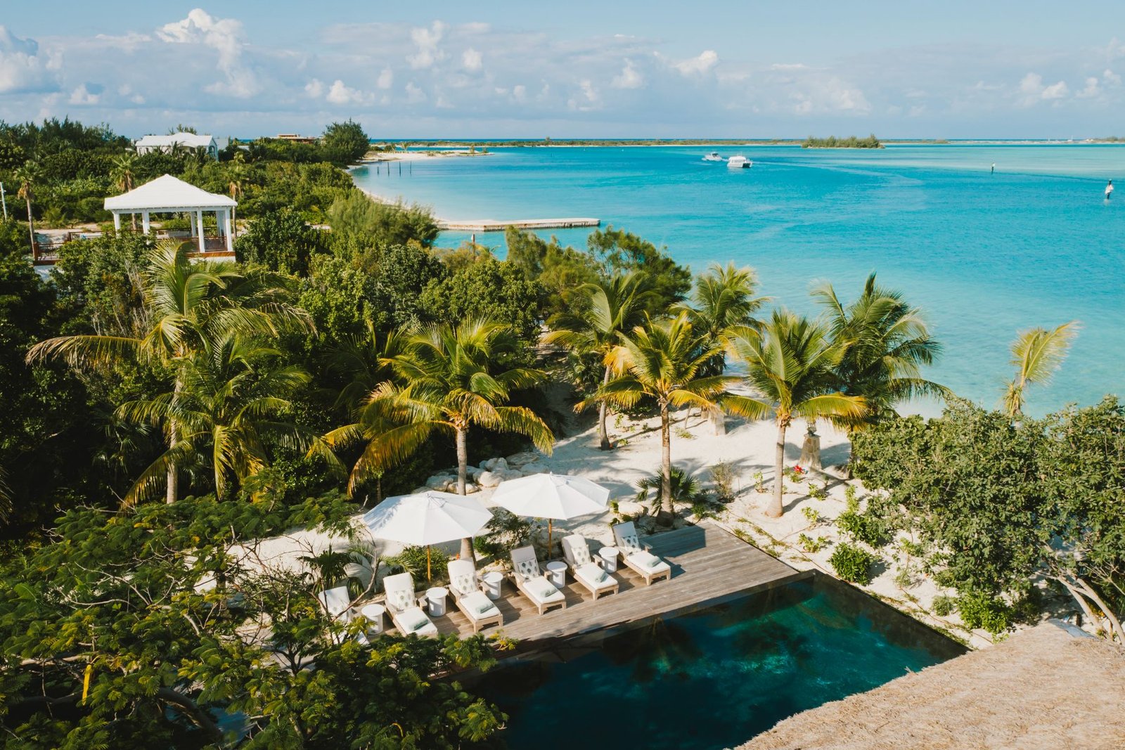 Aerial view of the pool deck and beach at Flight Central