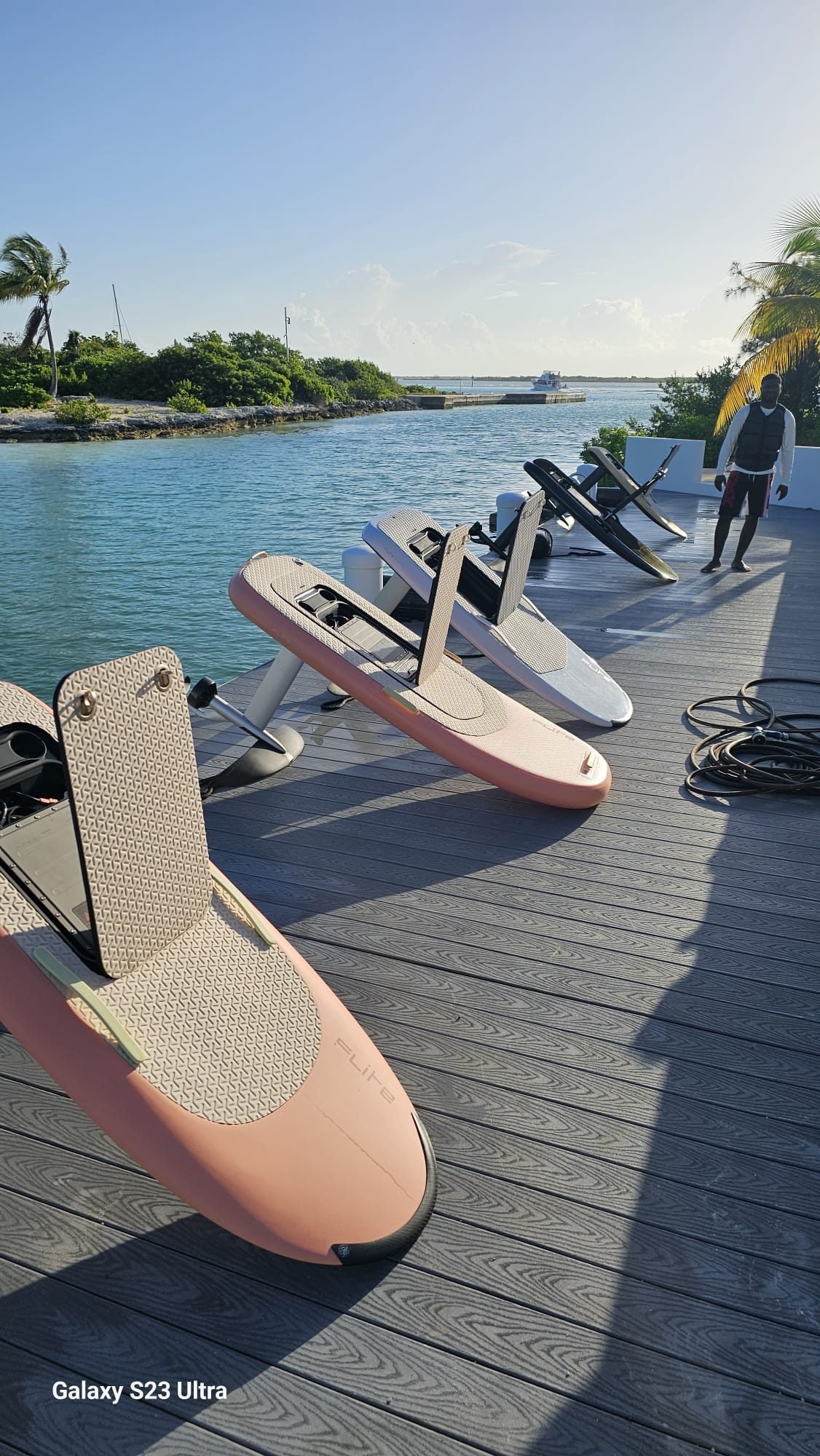 Fliteboards lined up on the dock at Flight Deck